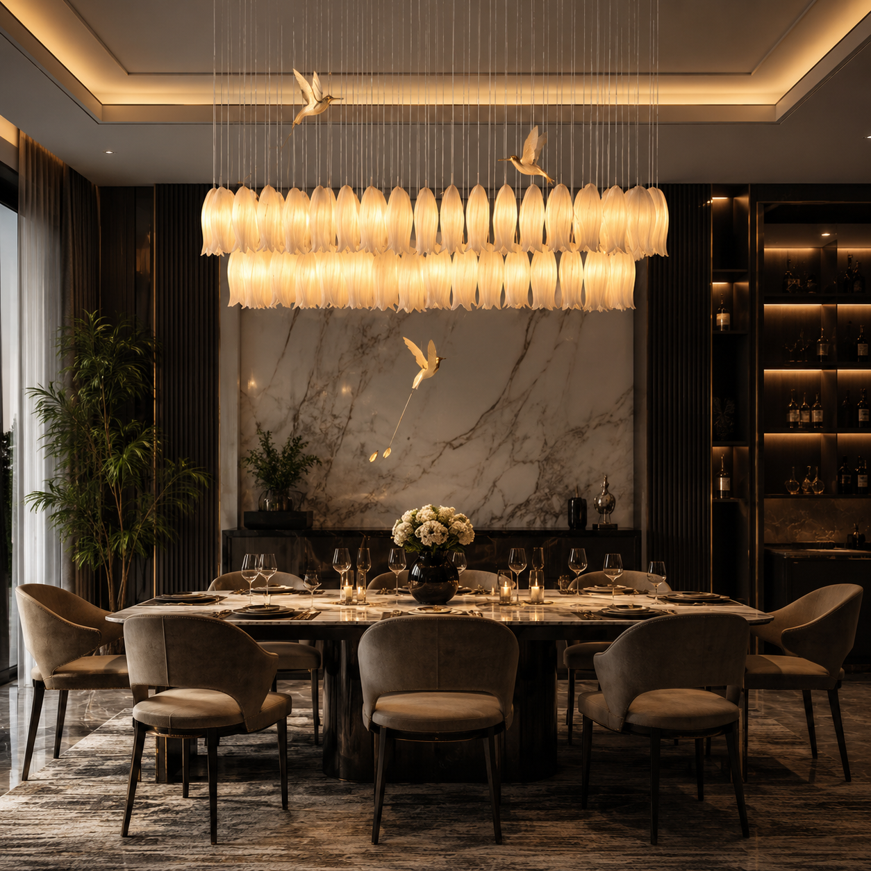 Luxury Linear Crystal Chandelier with Flying Bird Design