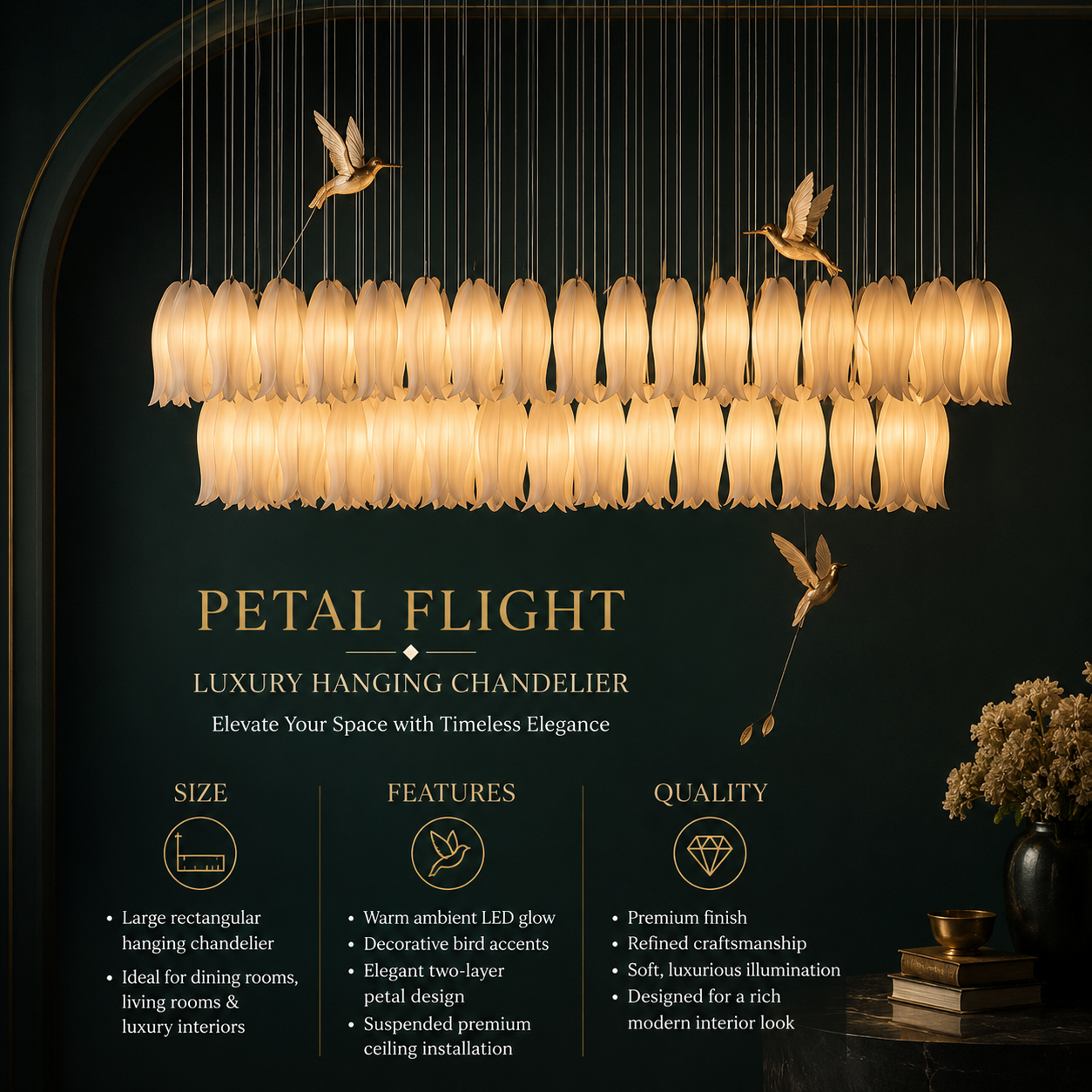 Luxury Linear Crystal Chandelier with Flying Bird Design