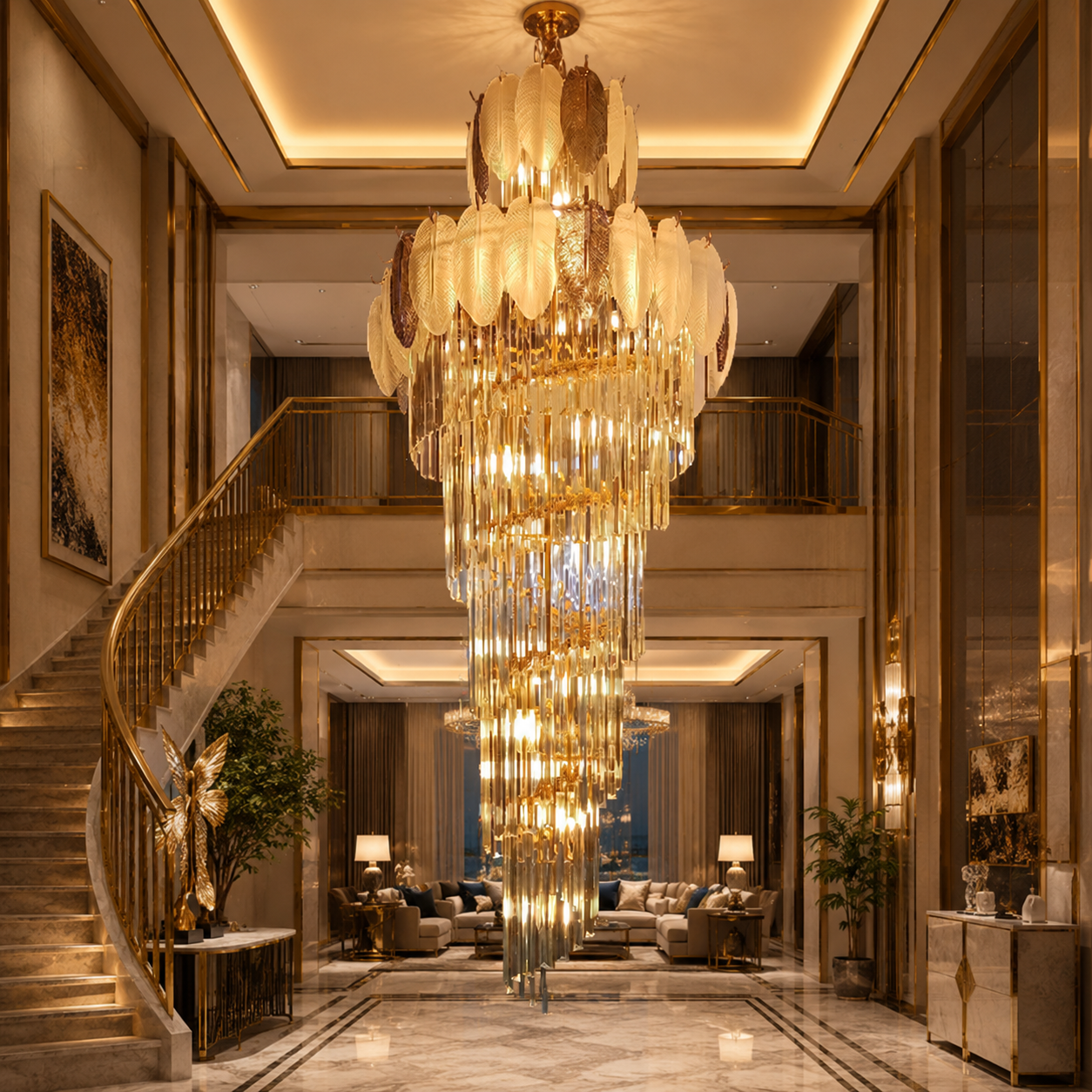 Aurora Aurelia 600mm Gold Leaf Cascading Crystal Staircase Chandelier