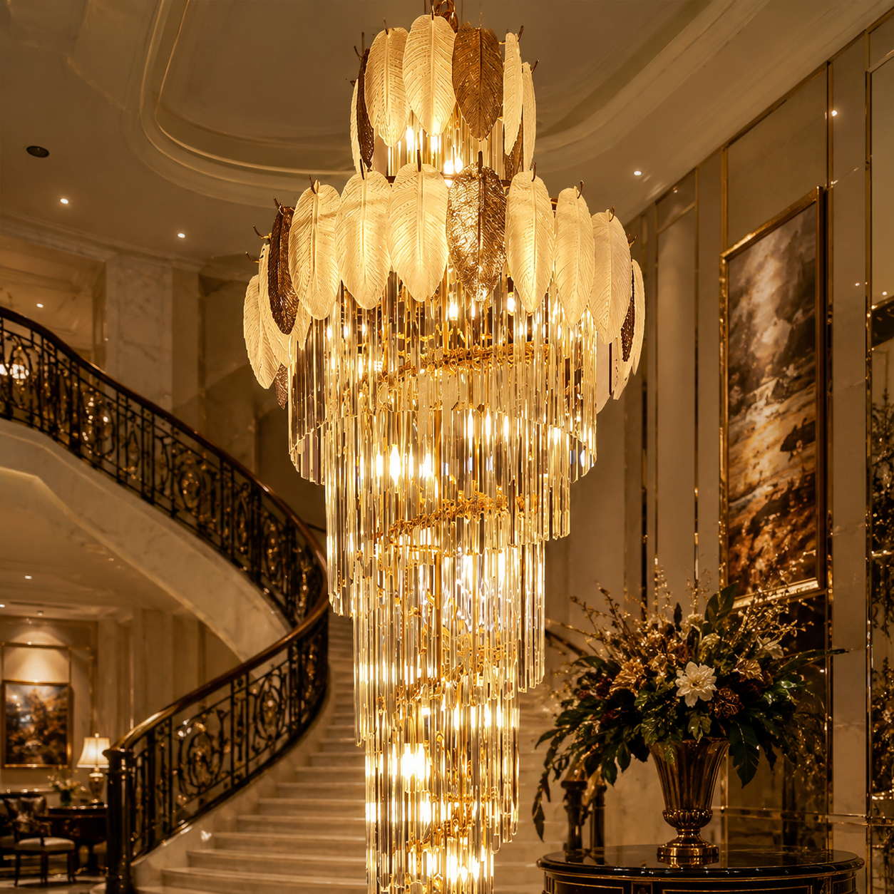Aurora Aurelia 600mm Gold Leaf Cascading Crystal Staircase Chandelier