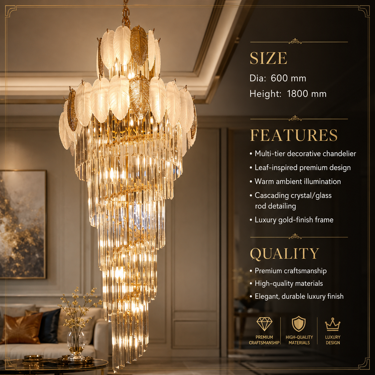 Aurora Aurelia 600mm Gold Leaf Cascading Crystal Staircase Chandelier