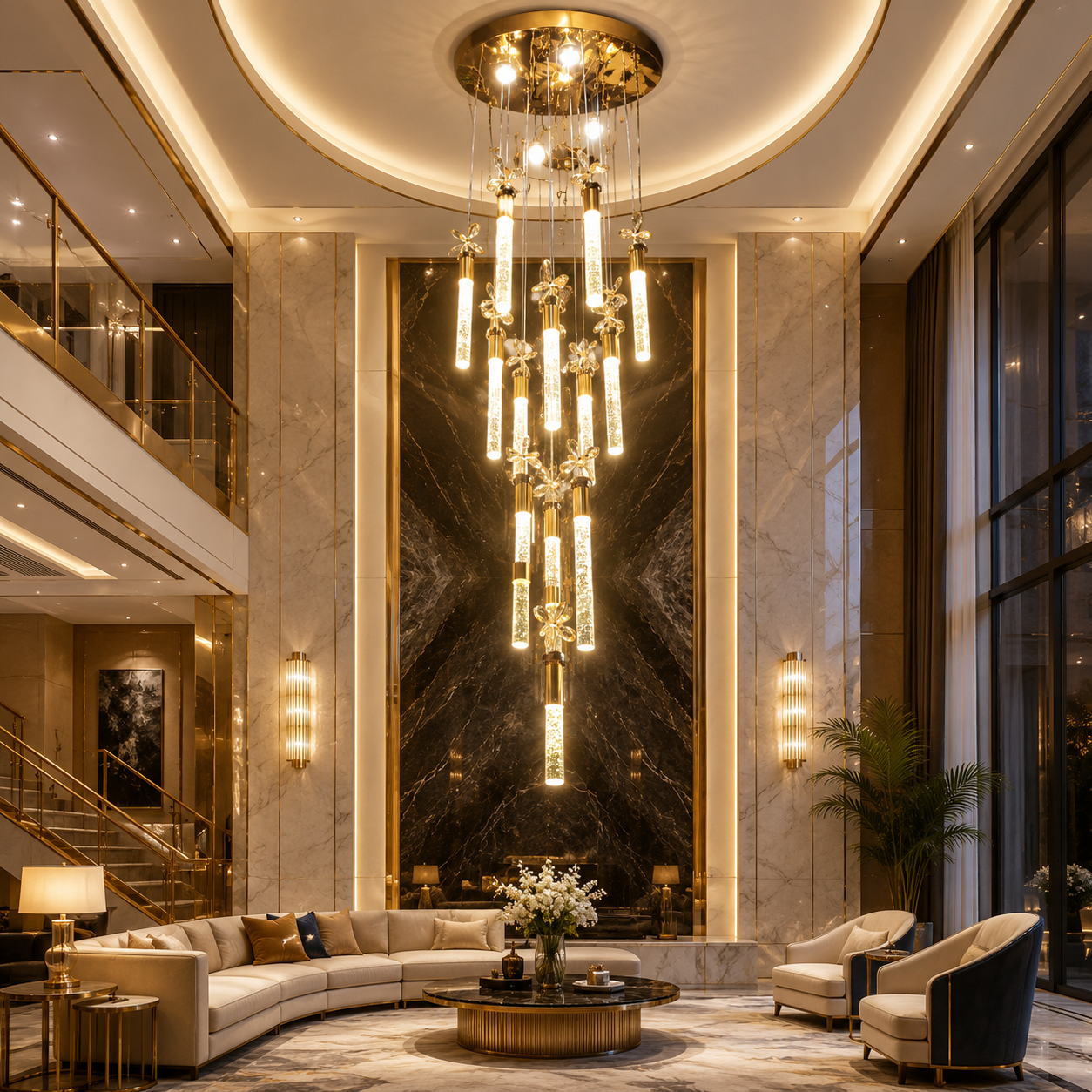 Aurora Luxury 16-Light Gold Crystal Cascade Staircase Chandelier
