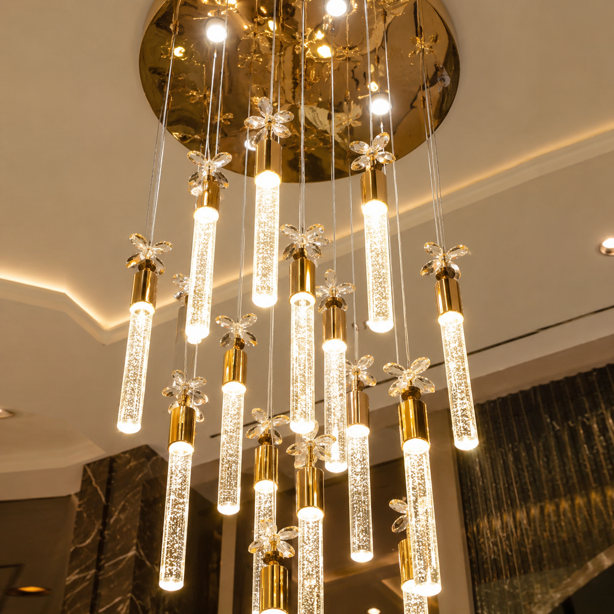 Aurora Luxury 16-Light Gold Crystal Cascade Staircase Chandelier