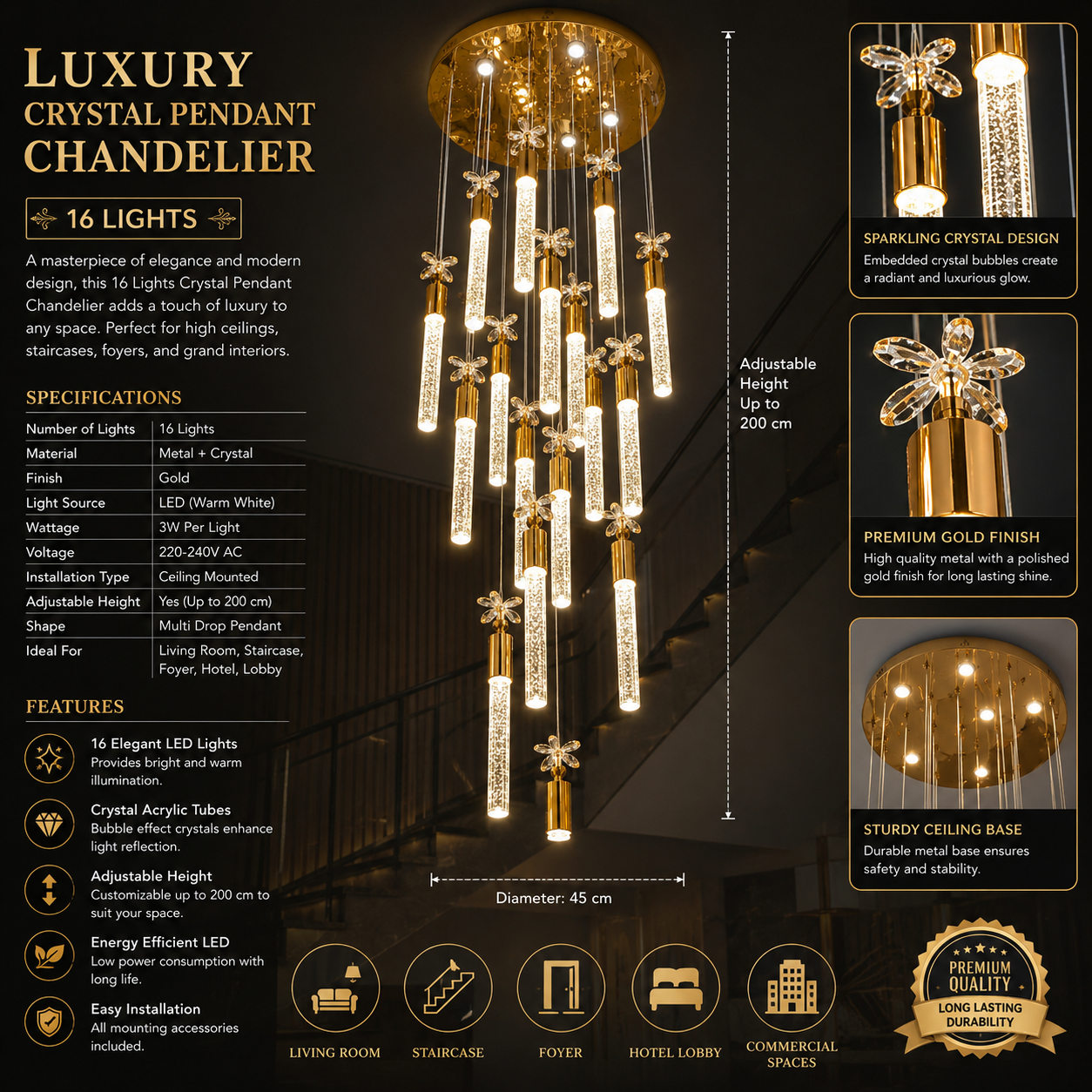 Aurora Luxury 16-Light Gold Crystal Cascade Staircase Chandelier