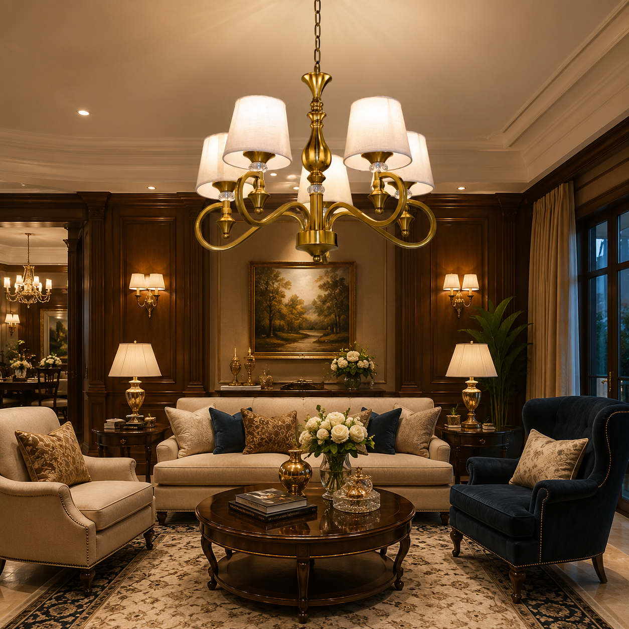Classic 5-Light Gold Chandelier with Fabric Shades & Crystal Accents – Luxury Decorative Ceiling Light