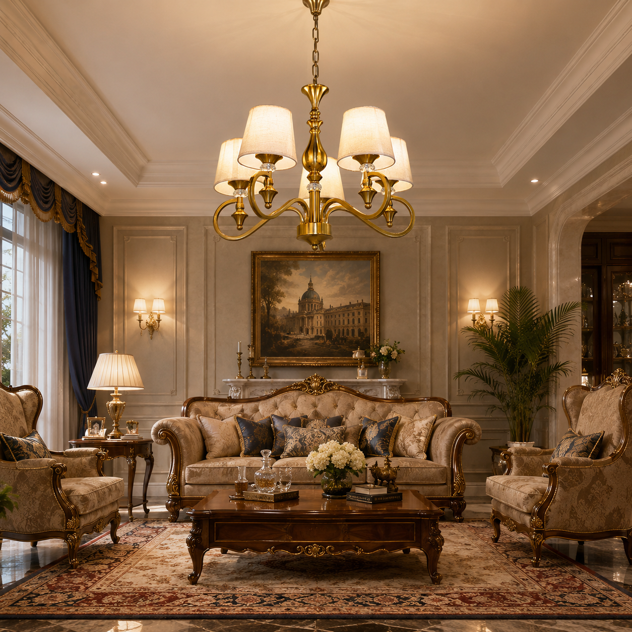 Classic 5-Light Gold Chandelier with Fabric Shades & Crystal Accents – Luxury Decorative Ceiling Light