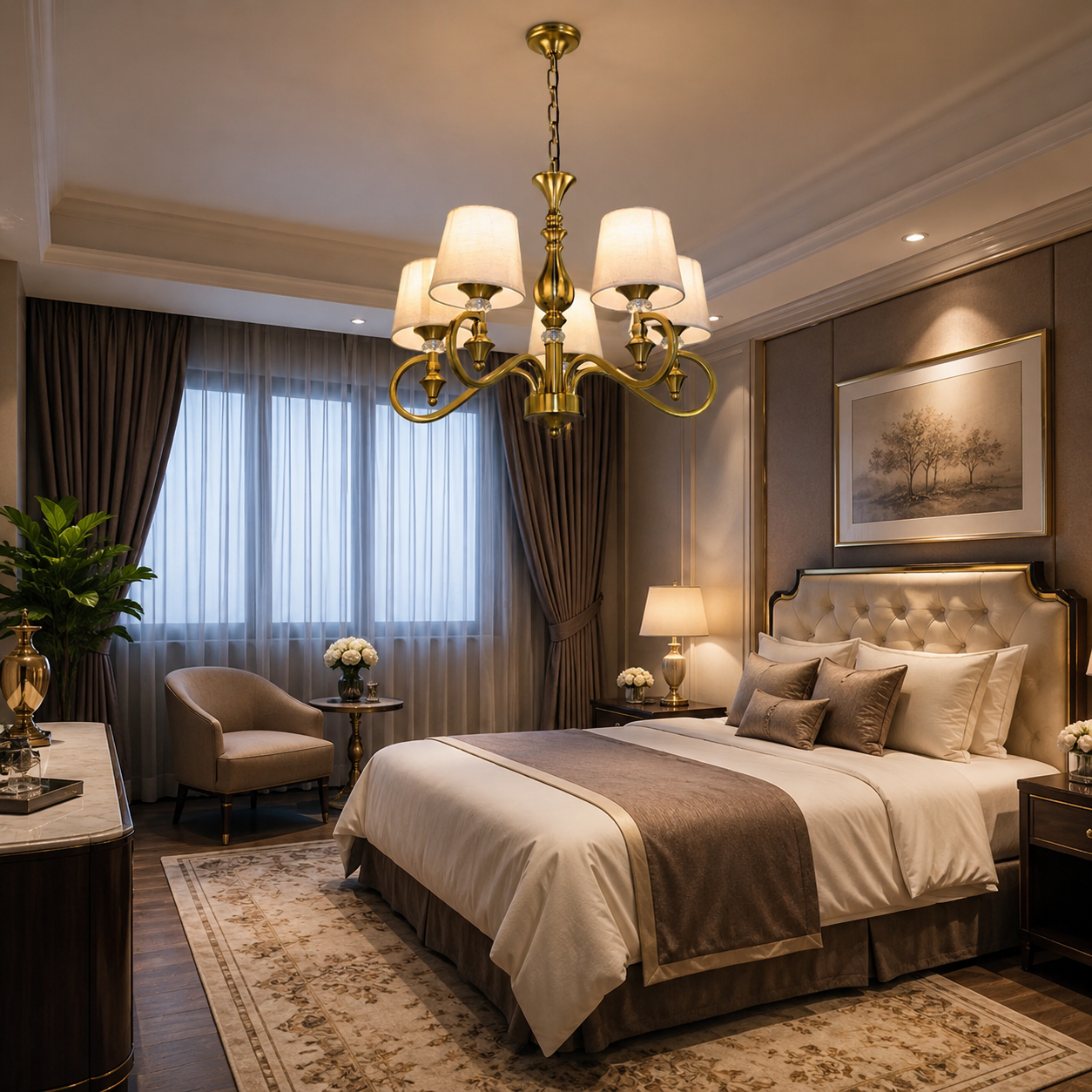 Classic 5-Light Gold Chandelier with Fabric Shades & Crystal Accents – Luxury Decorative Ceiling Light