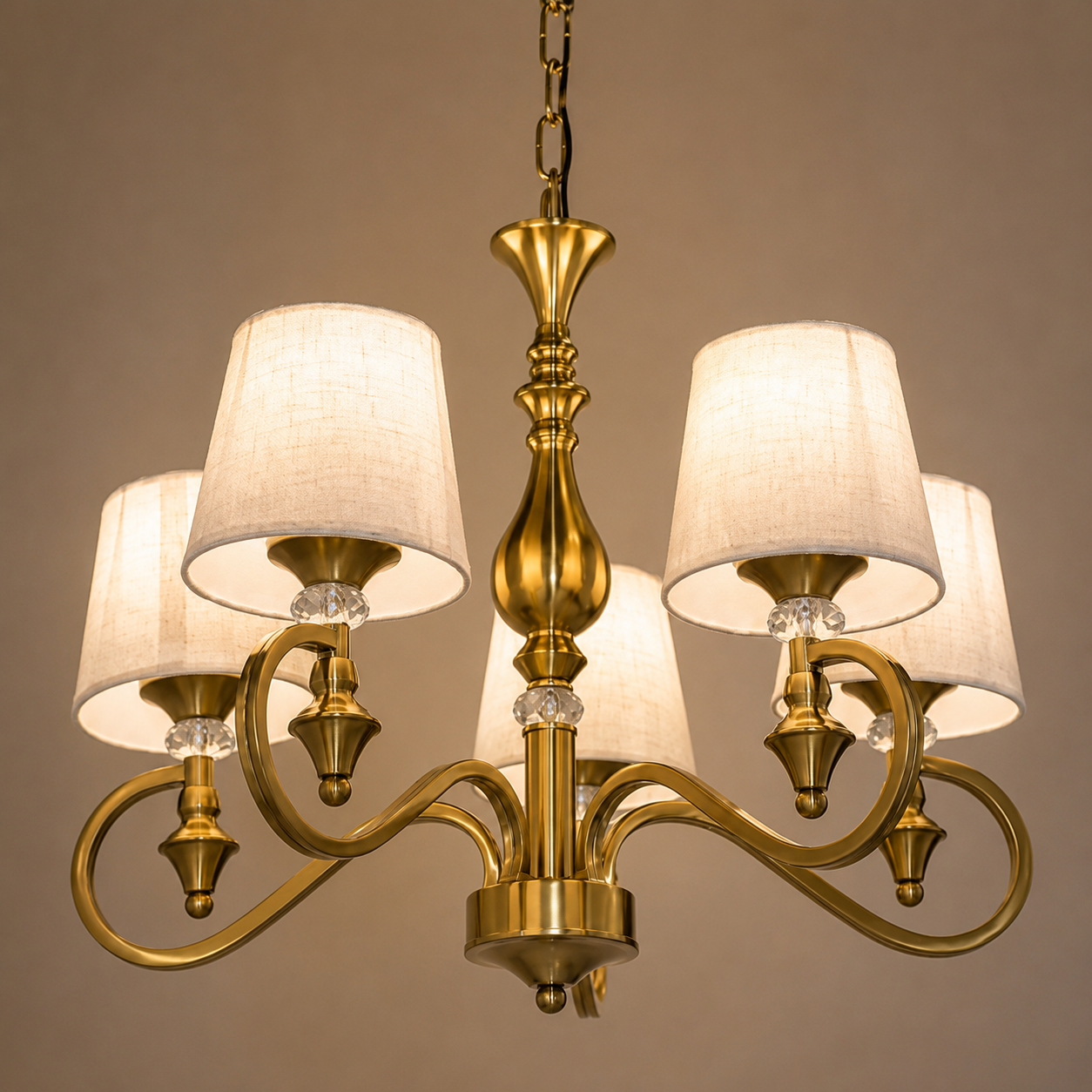 Classic 5-Light Gold Chandelier with Fabric Shades & Crystal Accents – Luxury Decorative Ceiling Light