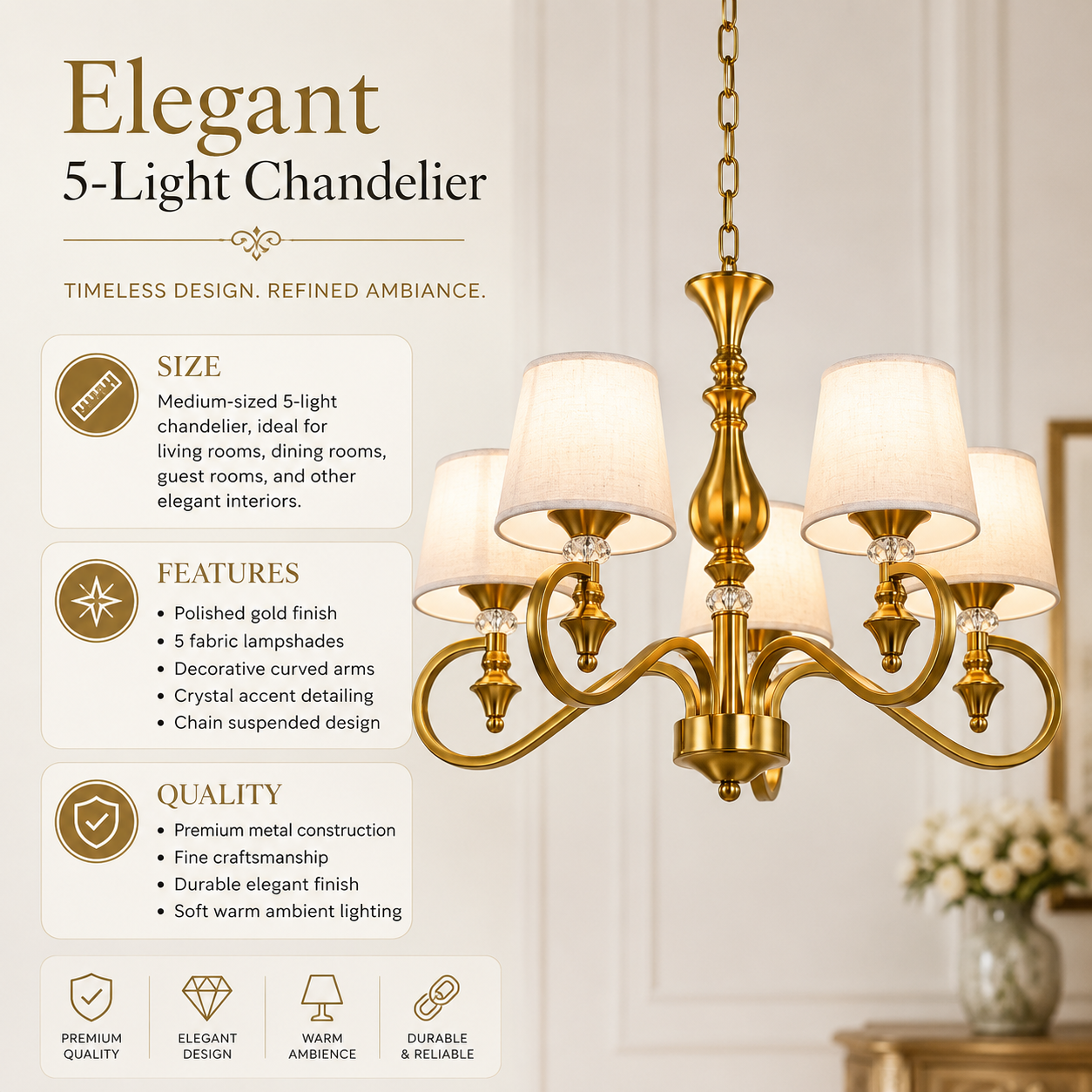 Classic 5-Light Gold Chandelier with Fabric Shades & Crystal Accents – Luxury Decorative Ceiling Light