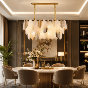 Luxury Gold Glass Leaf Linear Pendant Chandelier 800mm for Dining & Living Room