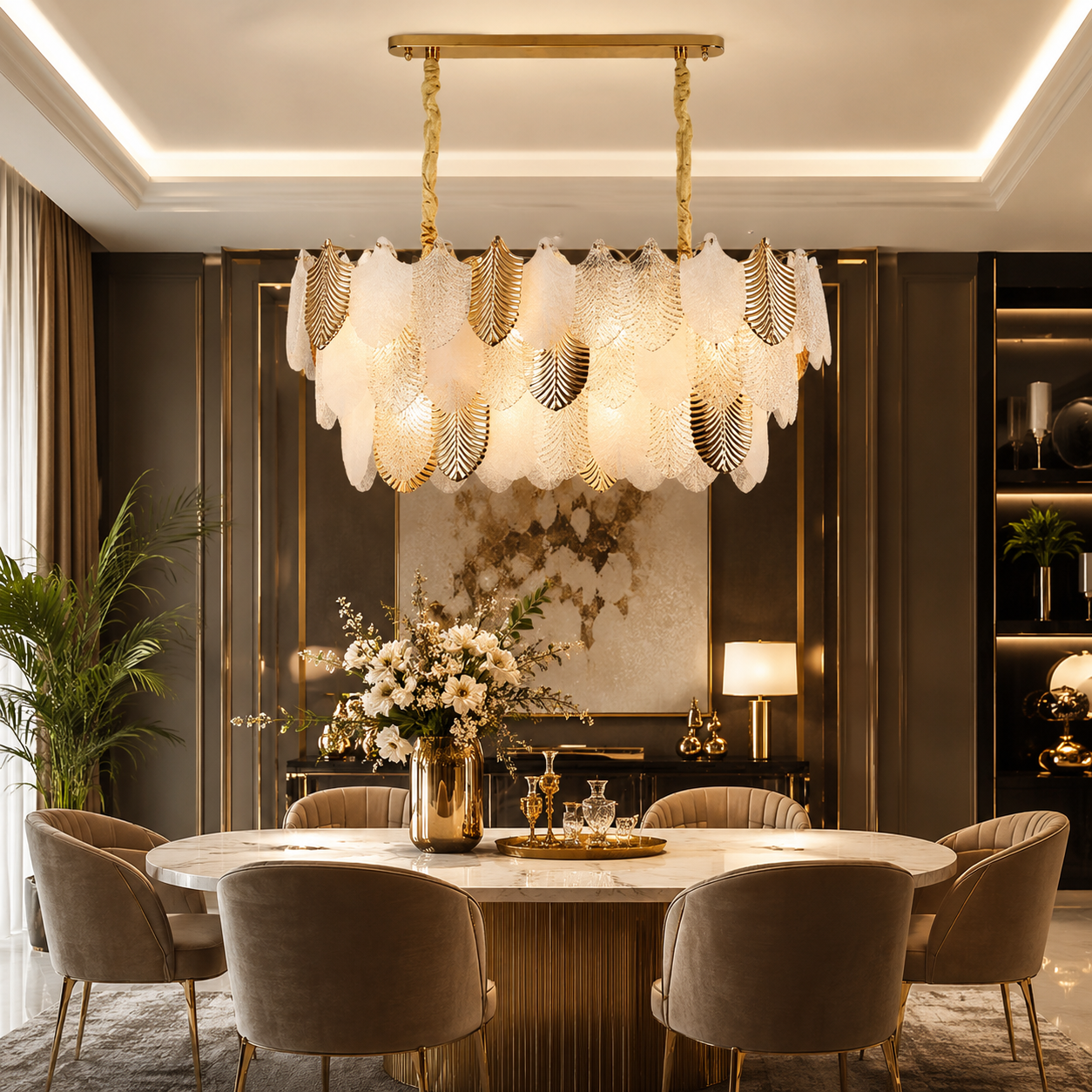 Luxury Gold Glass Leaf Linear Pendant Chandelier 800mm for Dining & Living Room