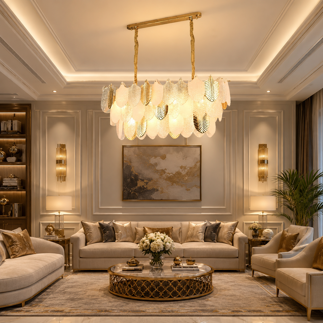 Luxury Gold Glass Leaf Linear Pendant Chandelier 800mm for Dining & Living Room
