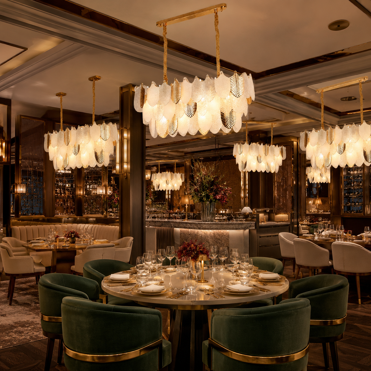 Luxury Gold Glass Leaf Linear Pendant Chandelier 800mm for Dining & Living Room