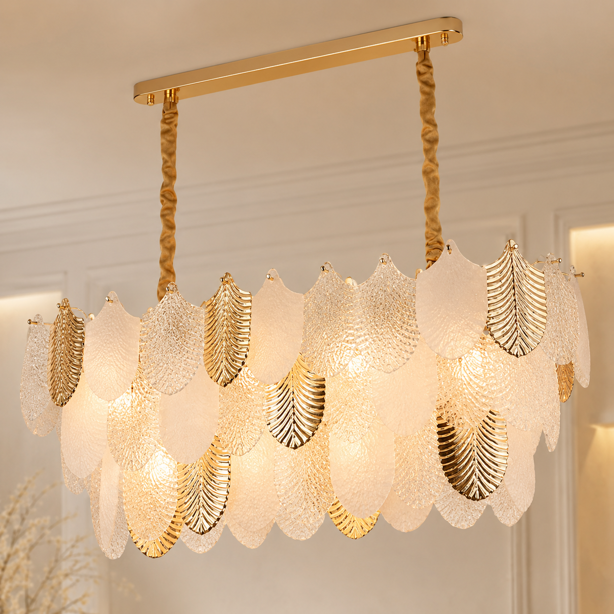 Luxury Gold Glass Leaf Linear Pendant Chandelier 800mm for Dining & Living Room