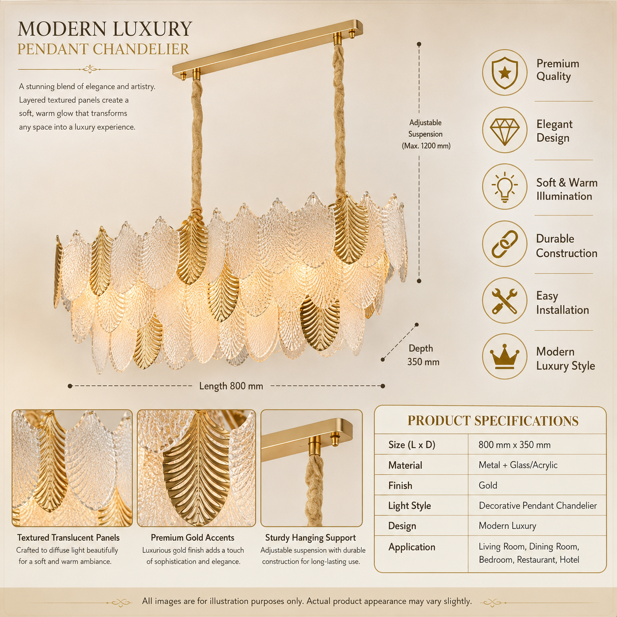 Luxury Gold Glass Leaf Linear Pendant Chandelier 800mm for Dining & Living Room