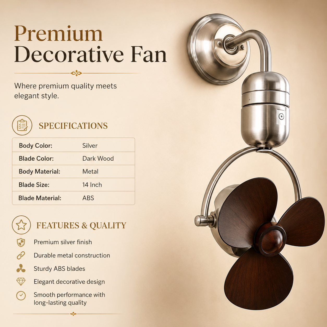 Retro Designer Wall Mounted Fan – 14 Inch Silver Wood Finish