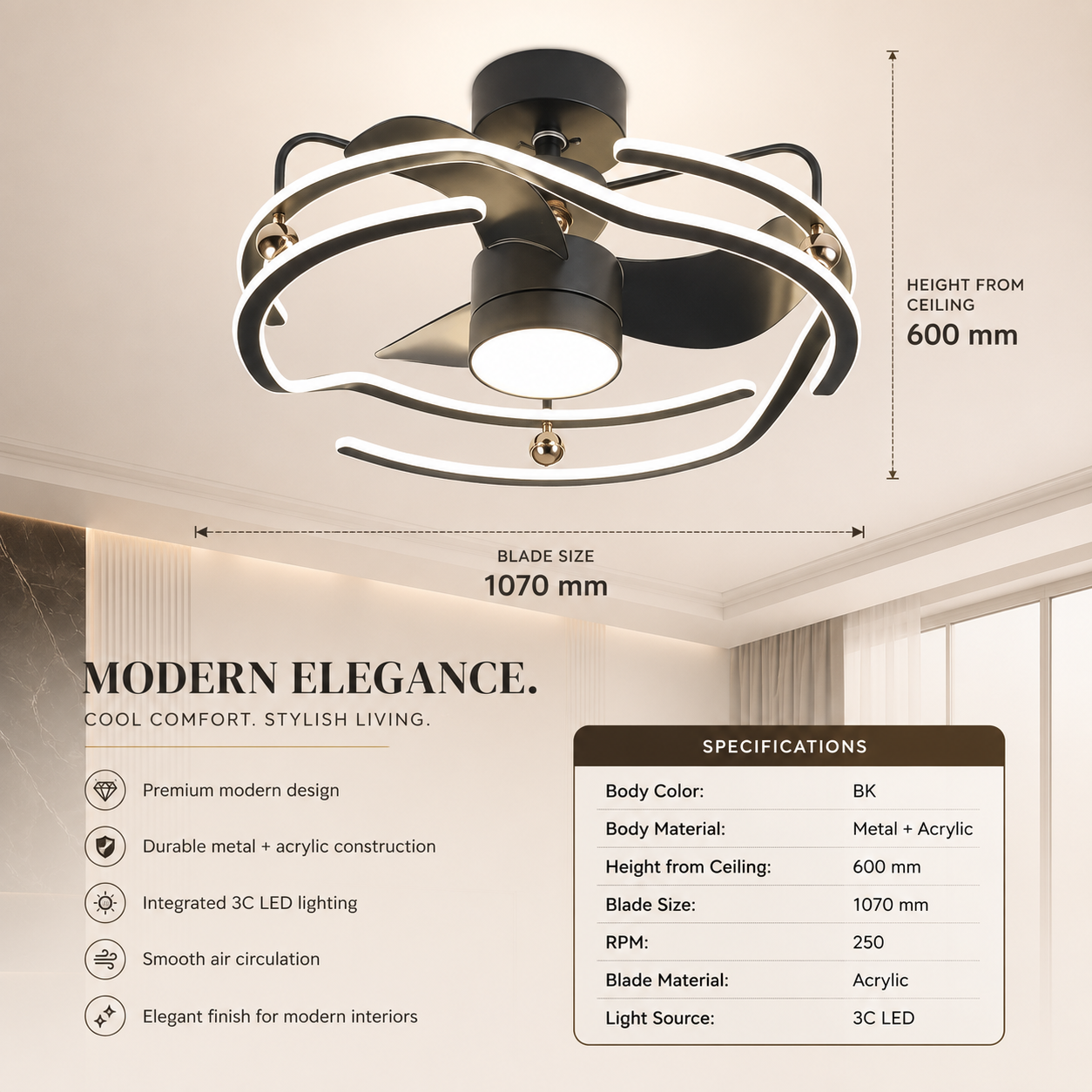 Modern Decorative LED Ceiling Fan with Light – 1070mm Black Acrylic Blade