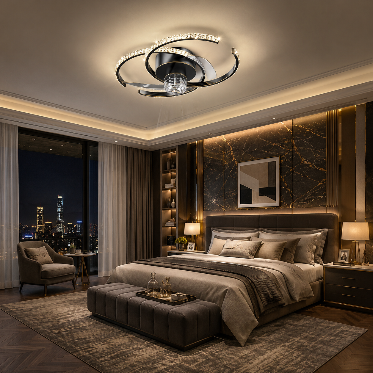 Aurora Orbit Black Crystal Retractable Ceiling Fan with 3C LED Light – 1070mm