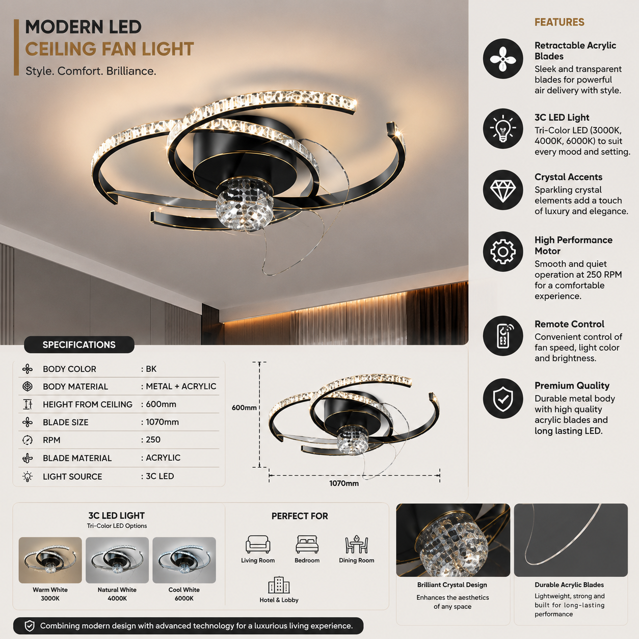 Aurora Orbit Black Crystal Retractable Ceiling Fan with 3C LED Light – 1070mm