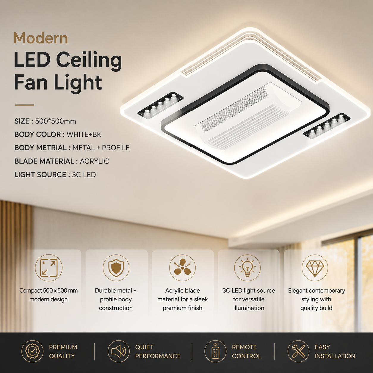 Modern Flush Mount LED Ceiling Fan with Light – 500x500mm 3C LED