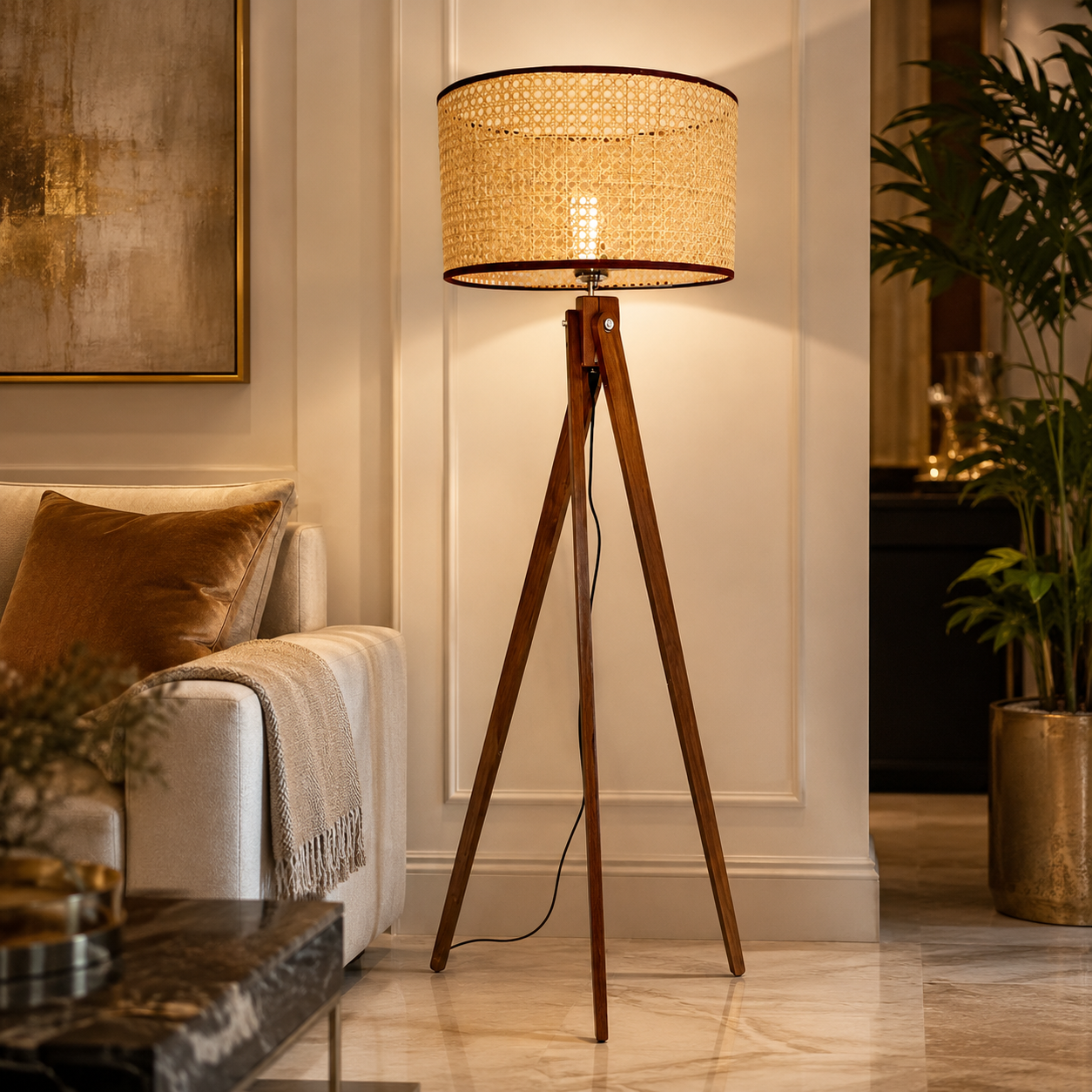 Natural Rattan Cane Wooden Tripod Floor Lamp with E27 Holder