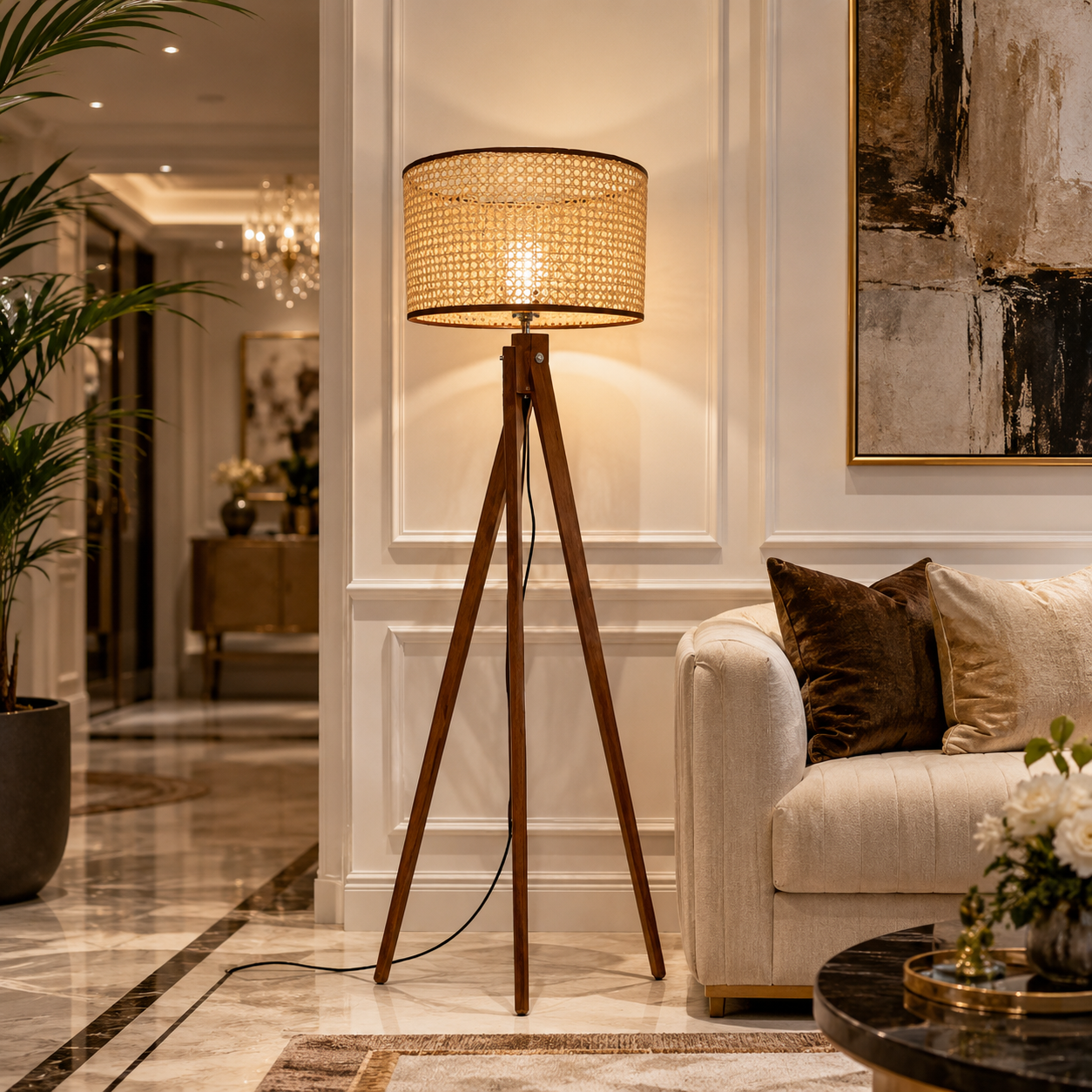 Natural Rattan Cane Wooden Tripod Floor Lamp with E27 Holder