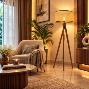 Natural Rattan Cane Wooden Tripod Floor Lamp with E27 Holder