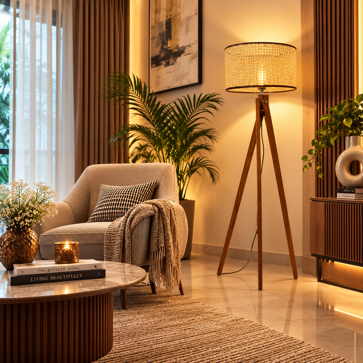 Natural Rattan Cane Wooden Tripod Floor Lamp with E27 Holder