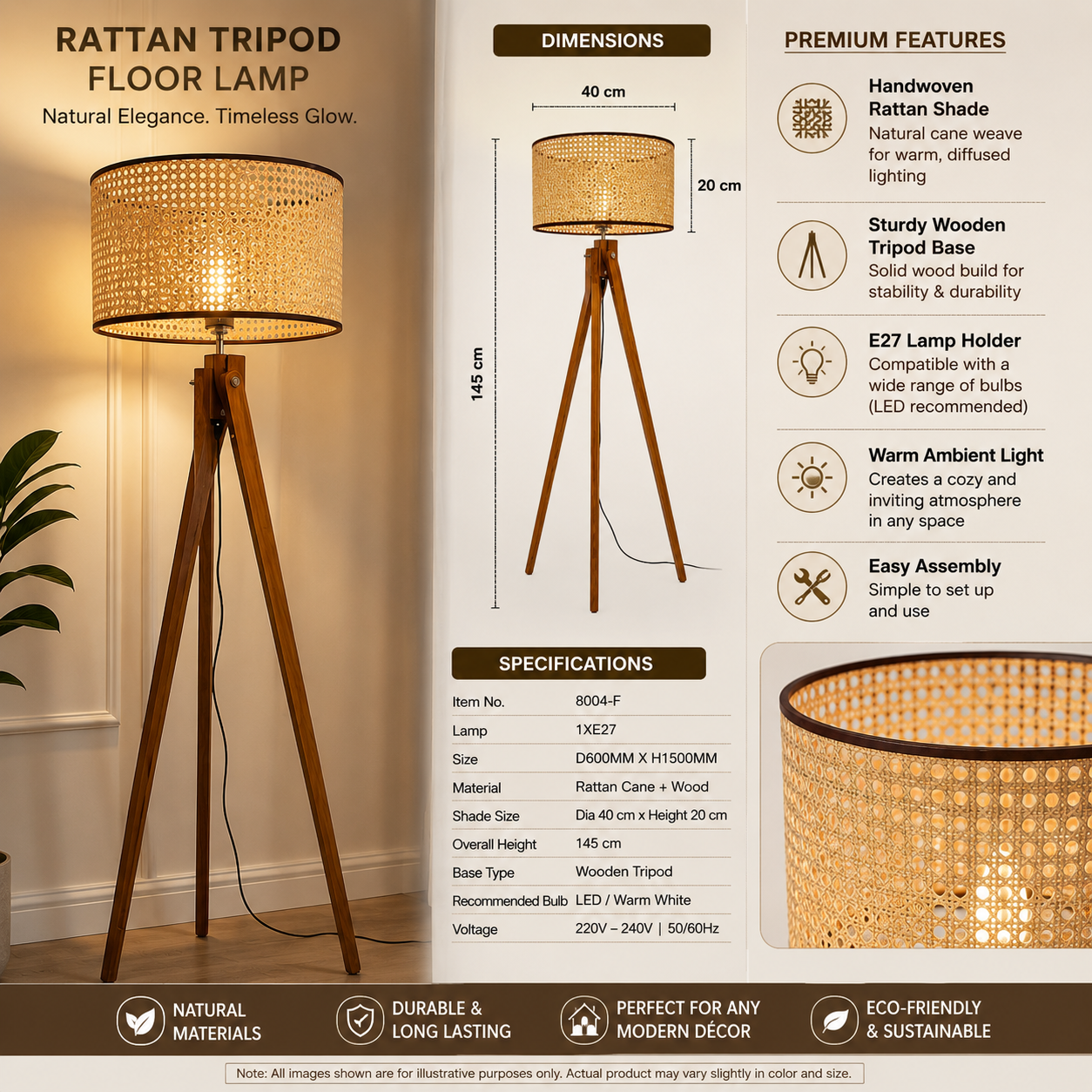Natural Rattan Cane Wooden Tripod Floor Lamp with E27 Holder