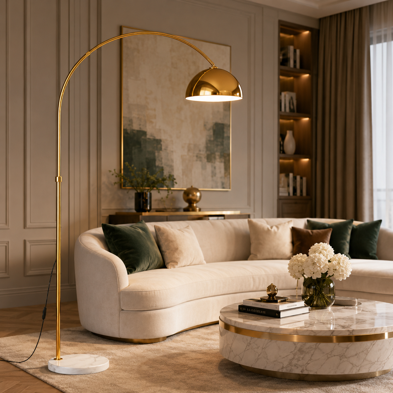 Modern Gold Arc Floor Lamp with Marble Base