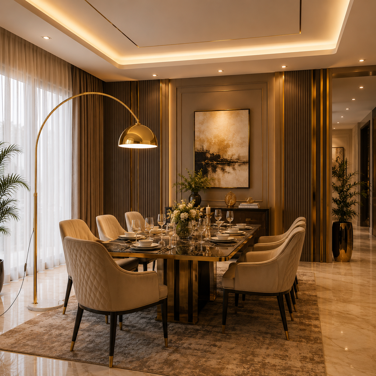 Modern Gold Arc Floor Lamp with Marble Base