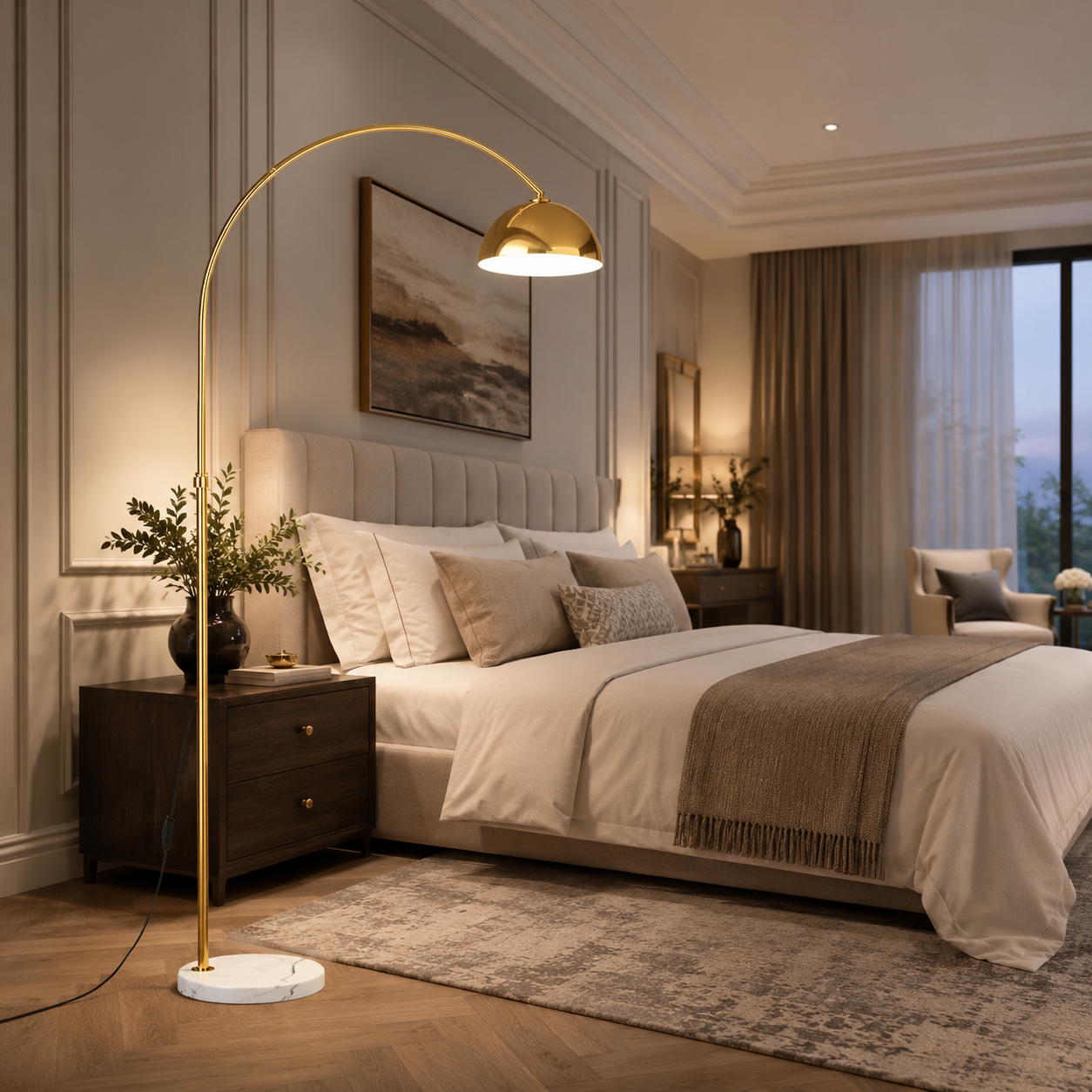 Modern Gold Arc Floor Lamp with Marble Base
