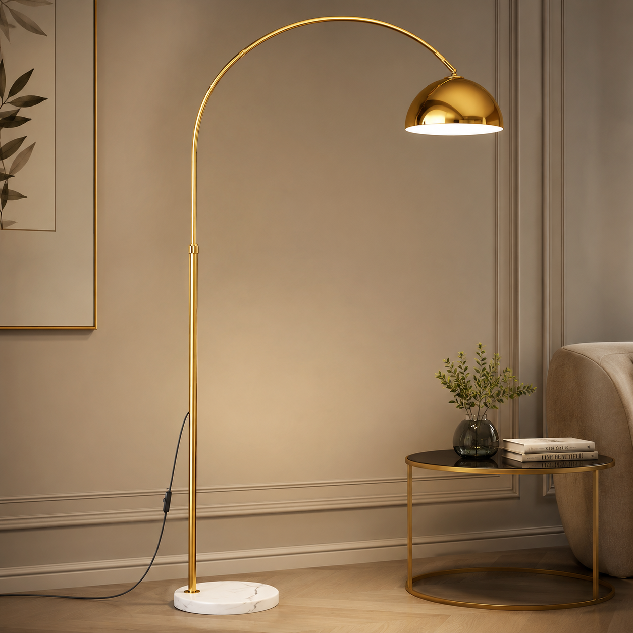 Modern Gold Arc Floor Lamp with Marble Base