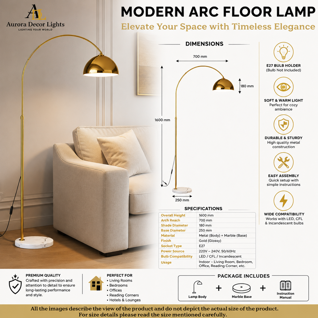 Modern Gold Arc Floor Lamp with Marble Base