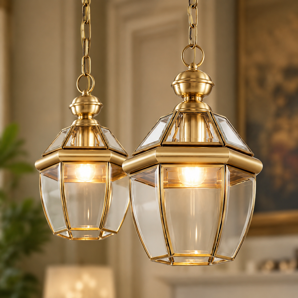 Vintage Brass Glass Lantern Hanging Light
