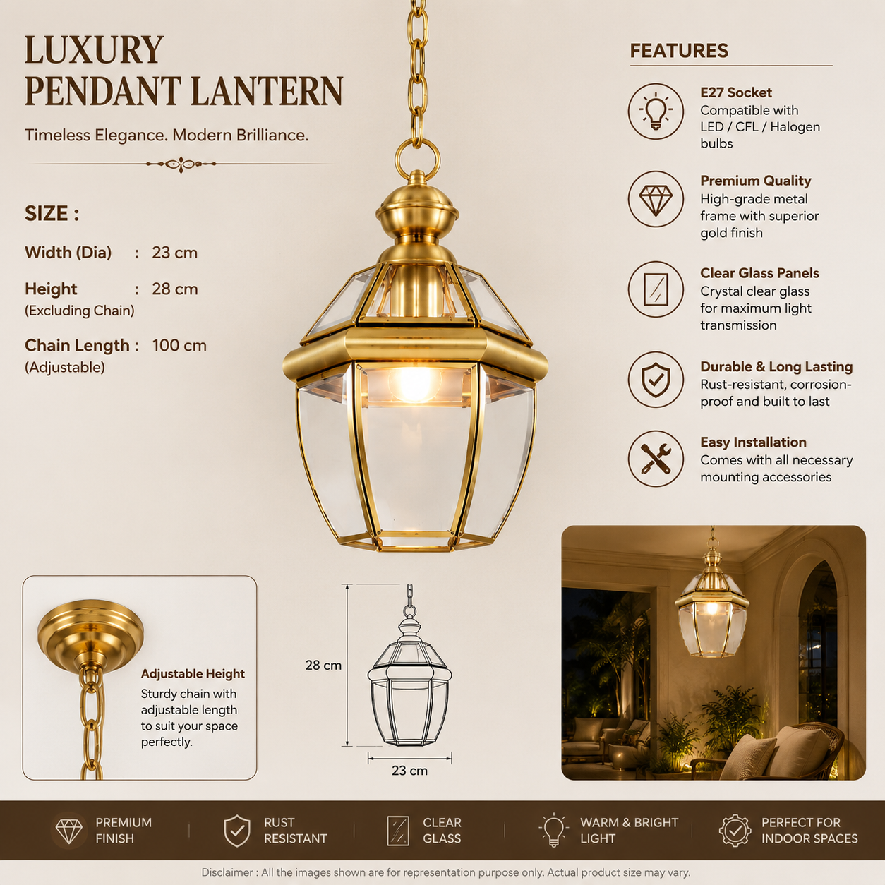 Vintage Brass Glass Lantern Hanging Light
