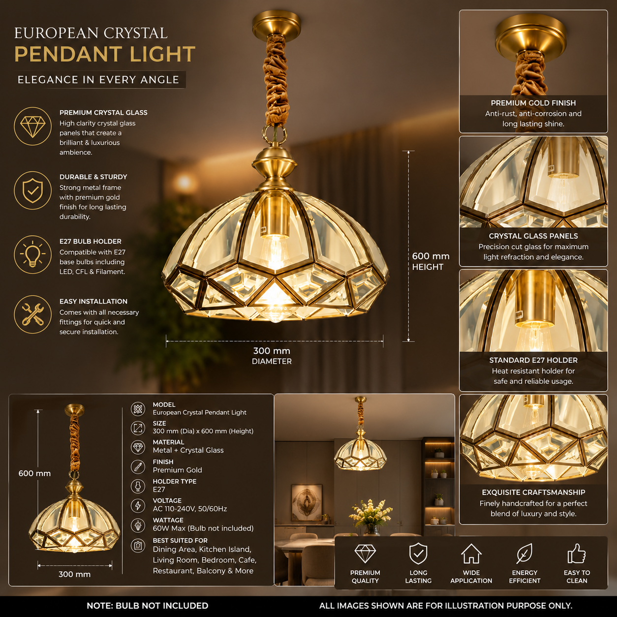 Luxury Gold Crystal Pendant Light for Dining & Kitchen