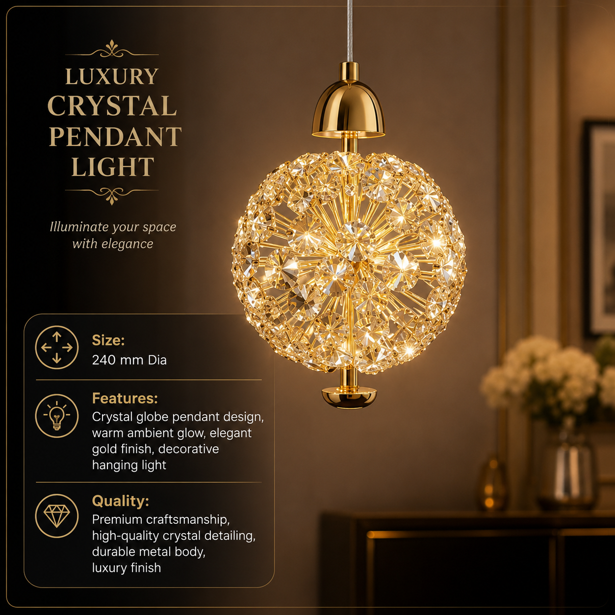 Luxury Gold Crystal Globe Pendant Light
