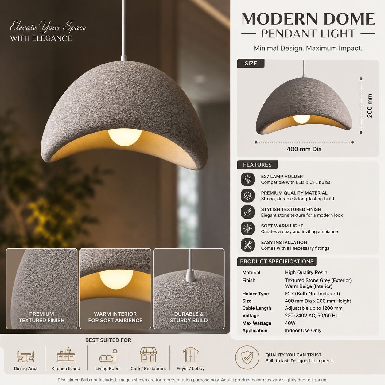 Resin 400mm Textured Dome Pendant Light
