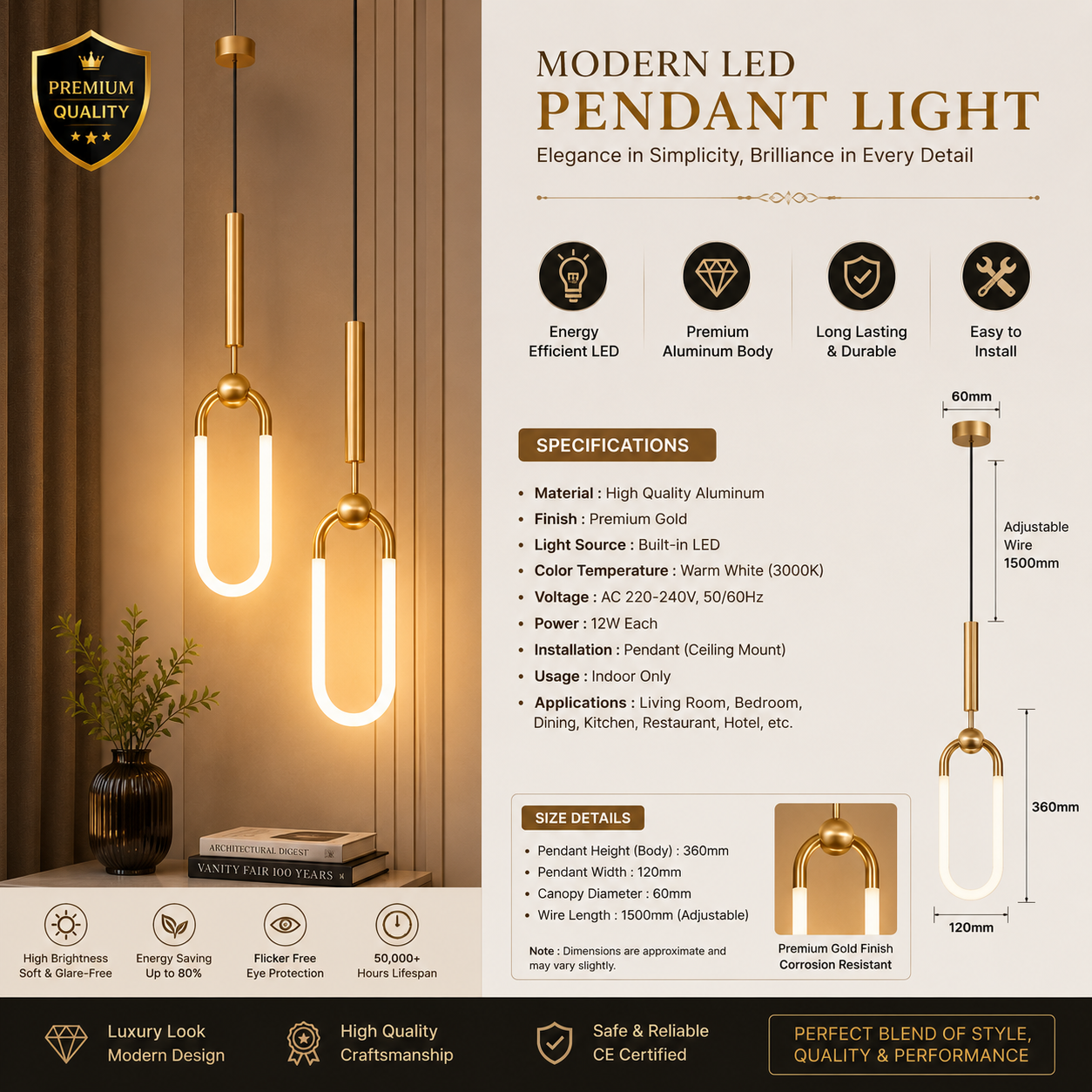 Aurora Modern U-Shaped Gold LED Pendant Light