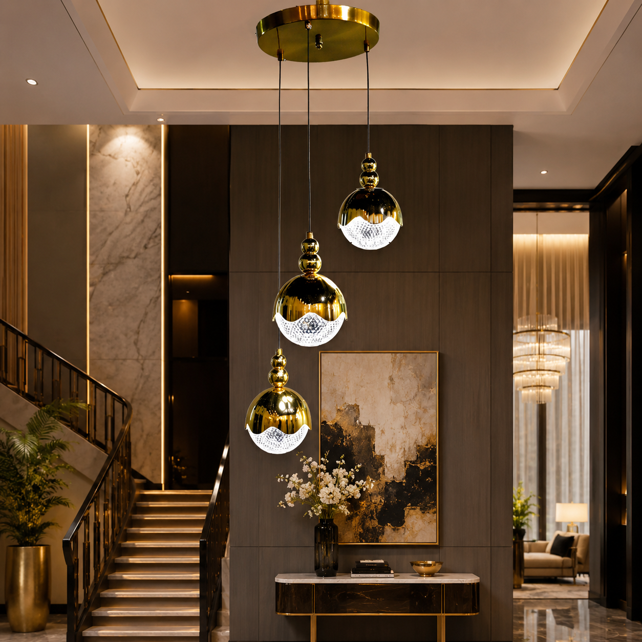 Aurora Luxe 3-Light Gold Crystal Globe Cluster Pendant Chandelier