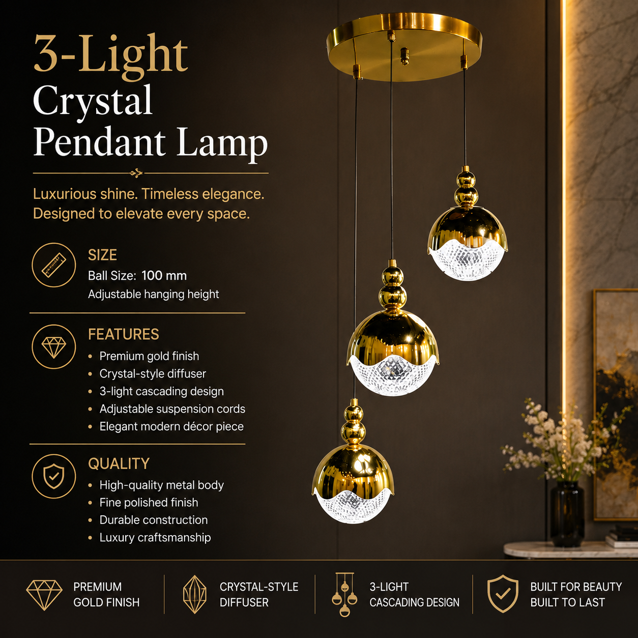 Aurora Luxe 3-Light Gold Crystal Globe Cluster Pendant Chandelier