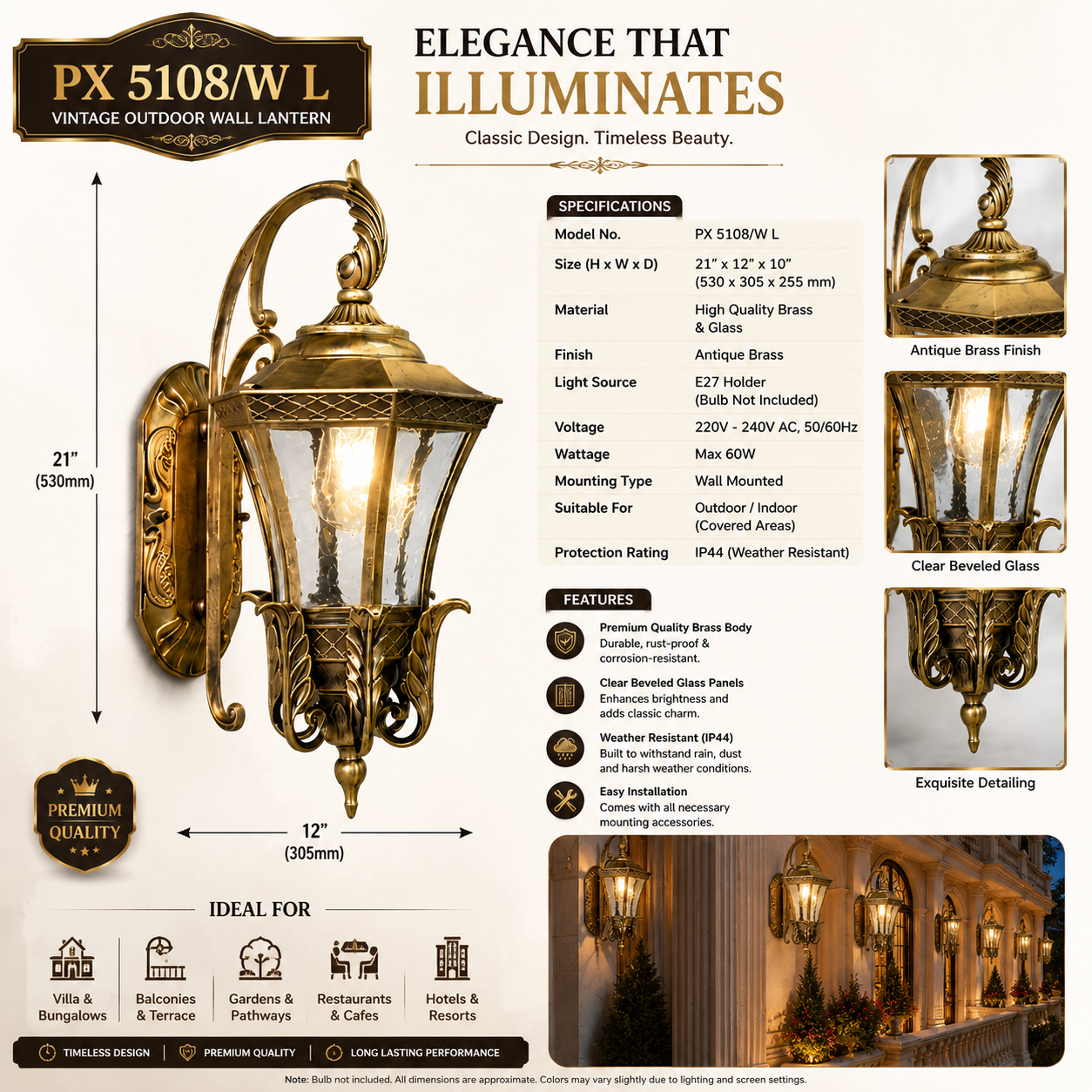 Royal Vintage Antique Gold Outdoor Wall Lantern Light