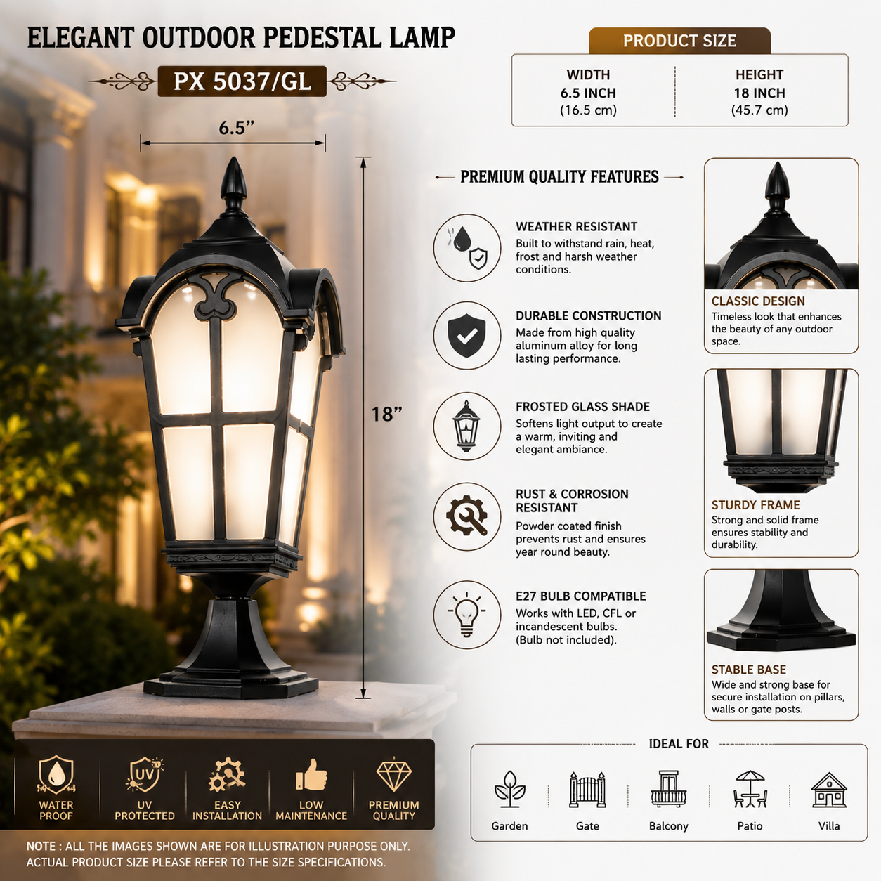 Classic Black Outdoor Gate Pillar Lantern Light
