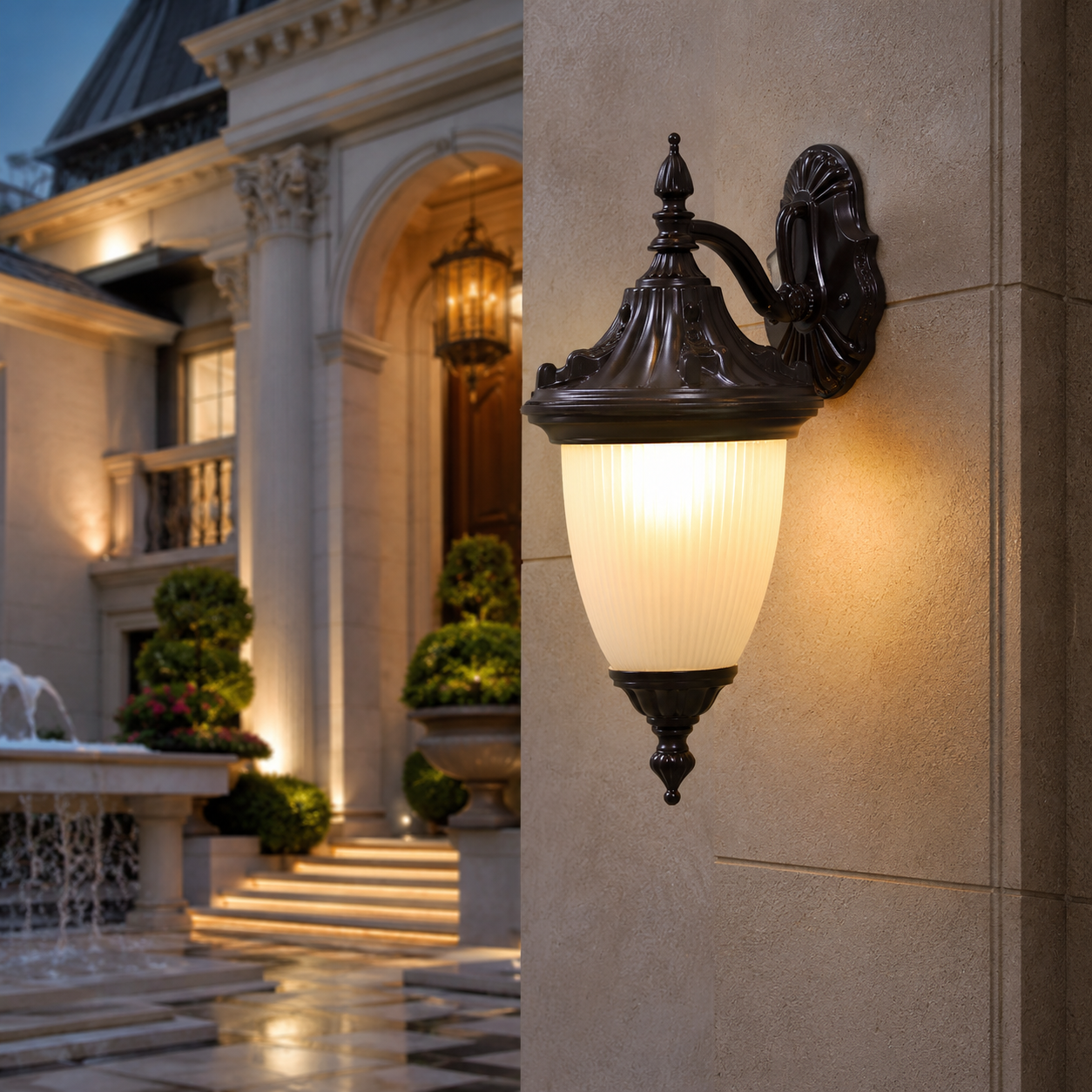 Classic Antique Bronze Outdoor Wall Lantern – 12″ Decorative Frosted Glass Exterior Light
