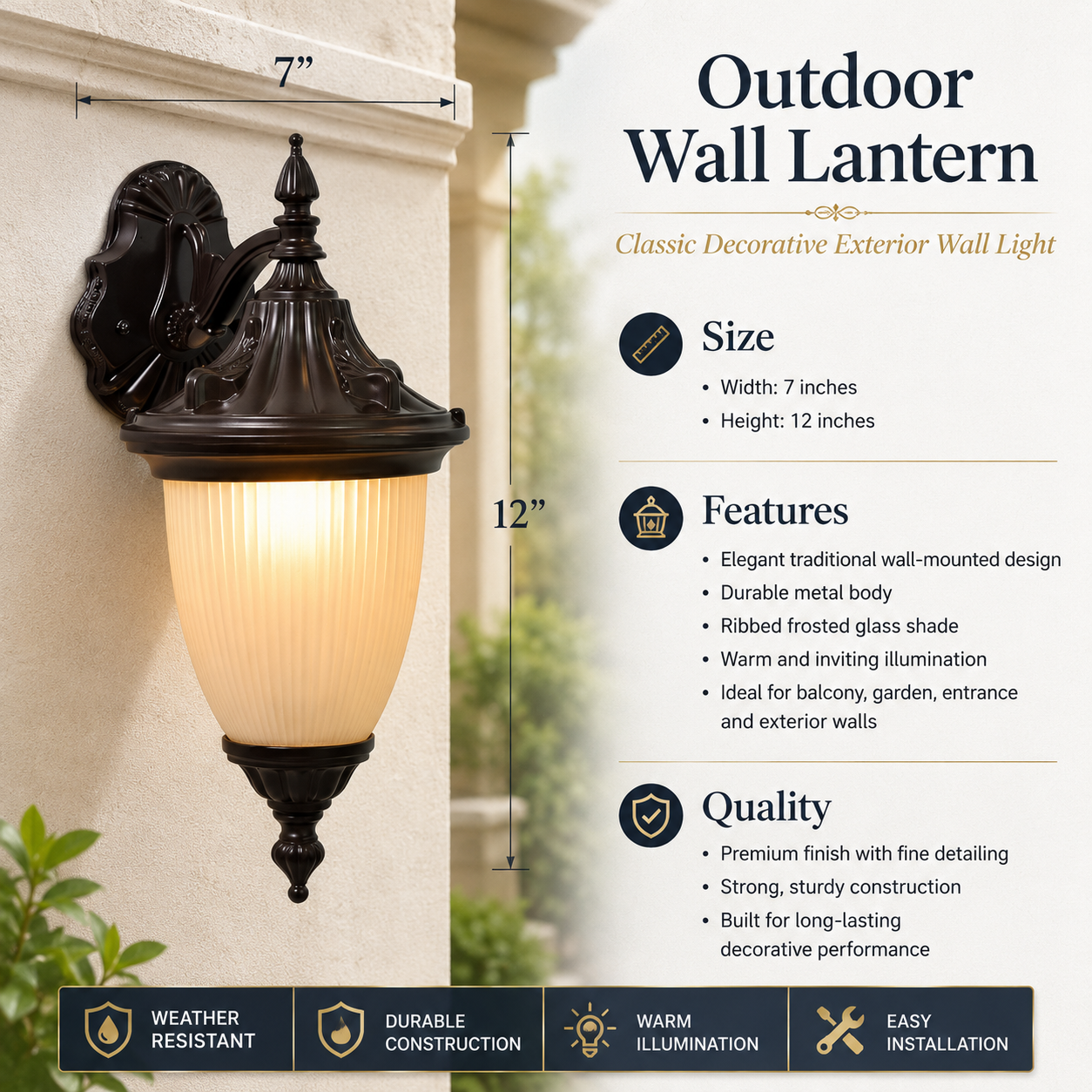 Classic Antique Bronze Outdoor Wall Lantern – 12″ Decorative Frosted Glass Exterior Light