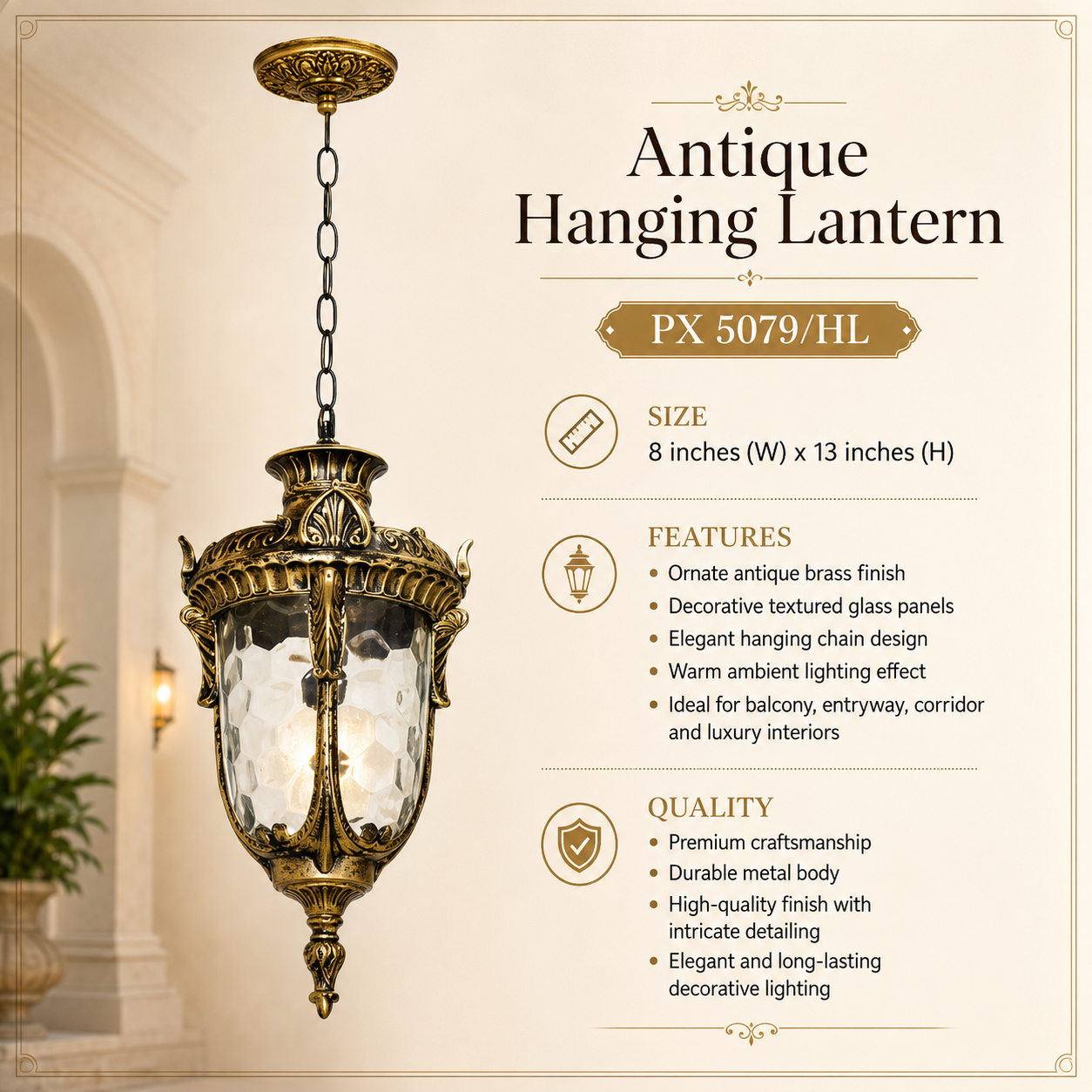 Royal Antique Brass Outdoor Hanging Lantern with Textured Glass