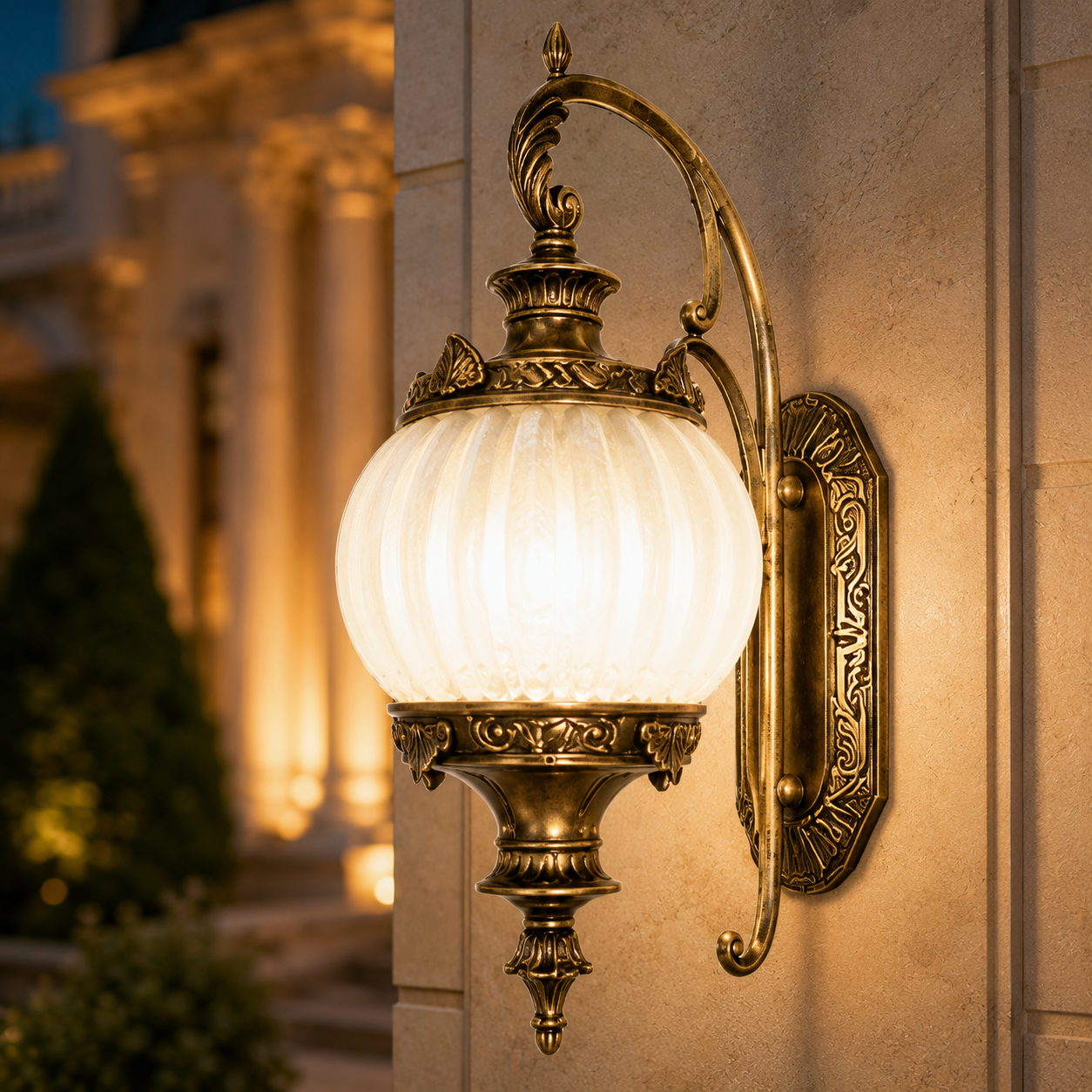 Royal Antique Brass Outdoor Wall Lantern with Ribbed Frosted Glass
