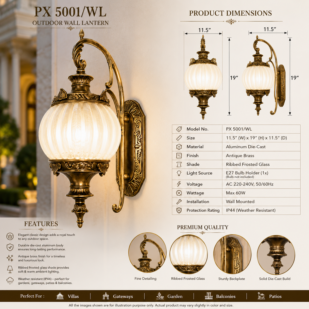 Royal Antique Brass Outdoor Wall Lantern with Ribbed Frosted Glass
