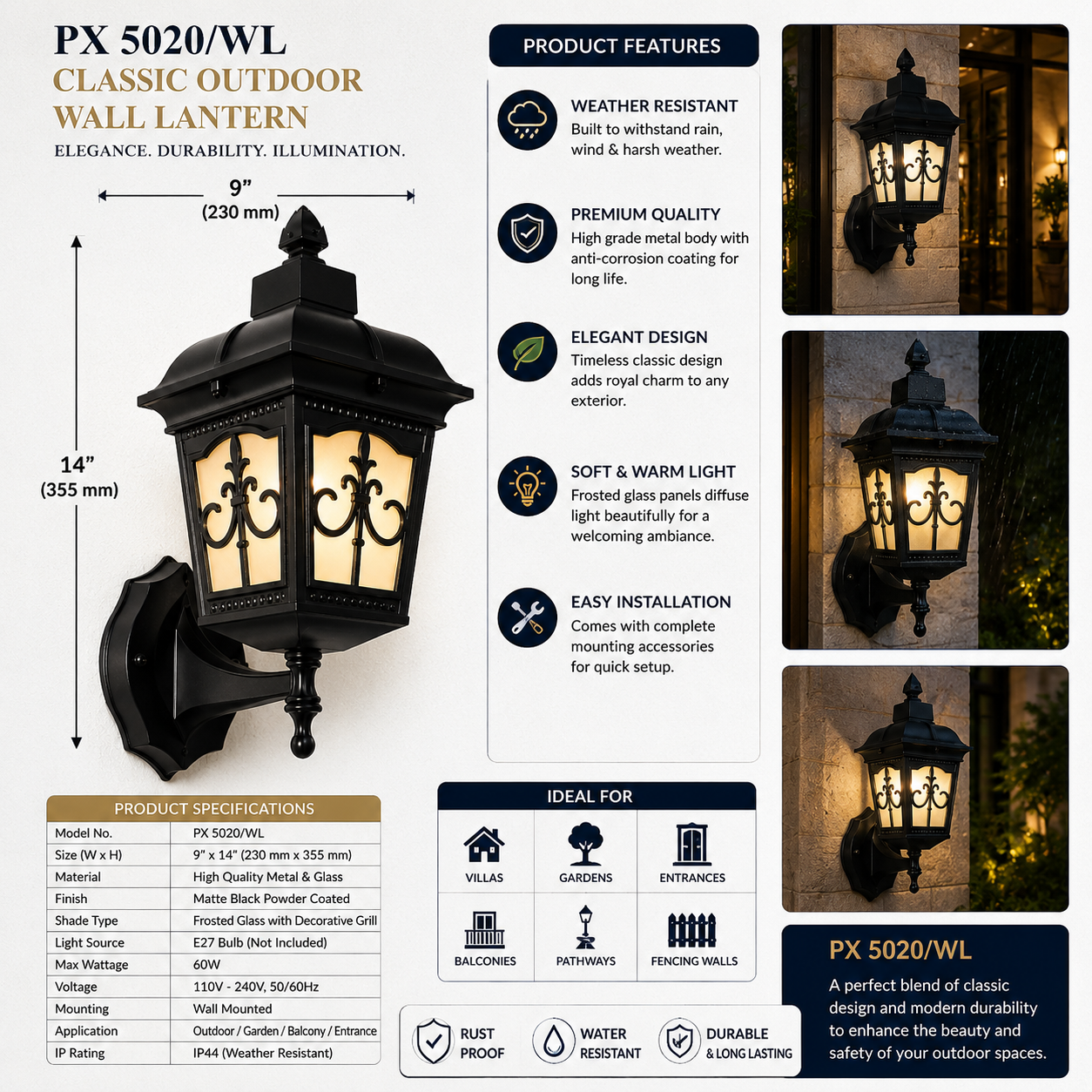 Royal Heritage Black Outdoor Wall Lantern – Classic Coach-Style Exterior Wall Light